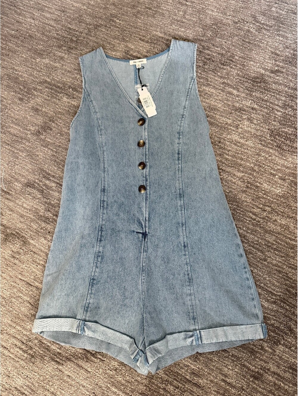 NWT Day + Moon Light Wash Denim Romper | Sleeveless Button Front | Size M